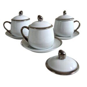 Georg Jensen 3 Silver Trim Pot de Cream Chocolate Cups & Saucers W/ Lids Japan